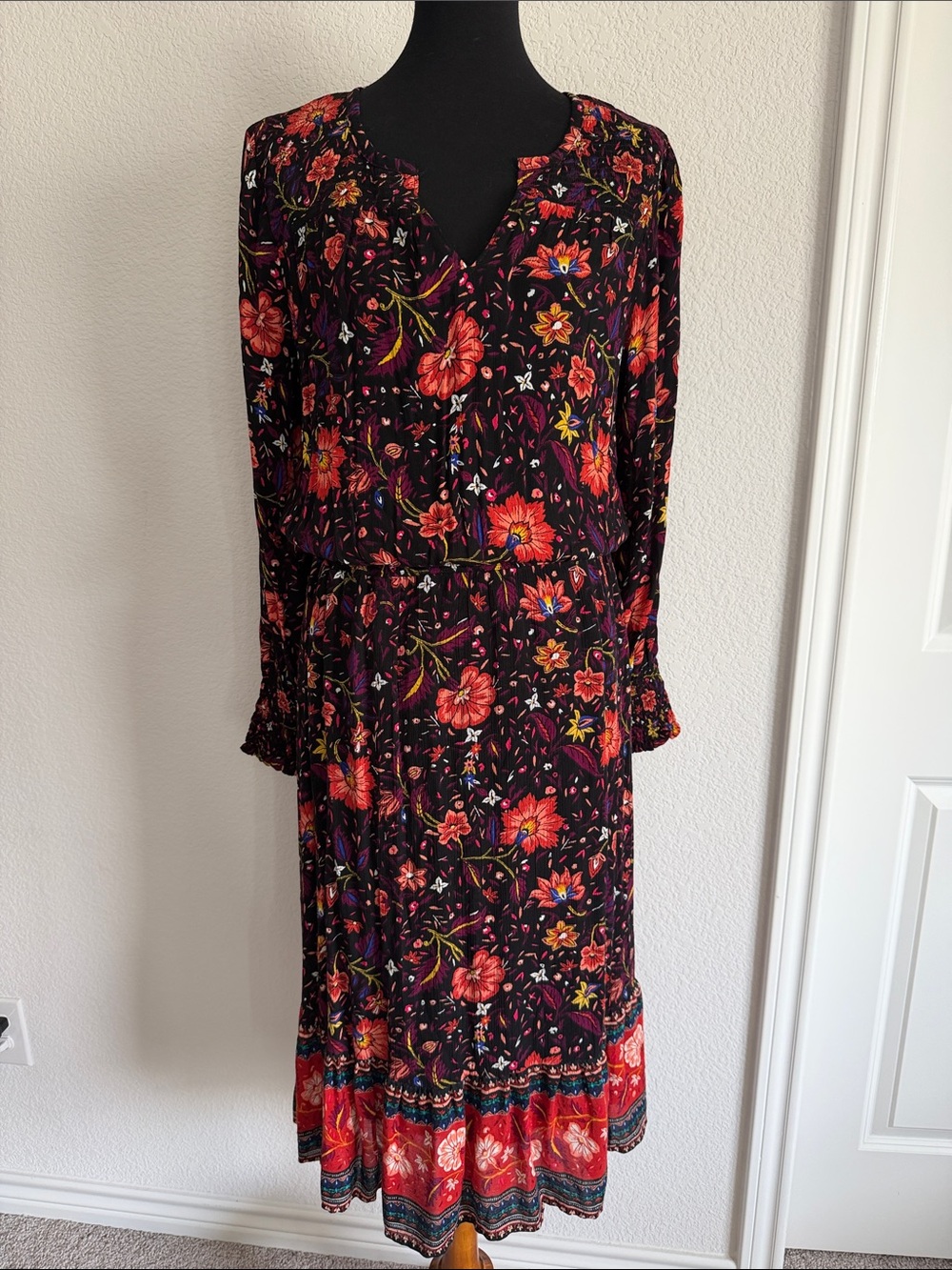 Old Navy Black Floral Long-Sleeve Midi Dress with Burnt Orange Blooms